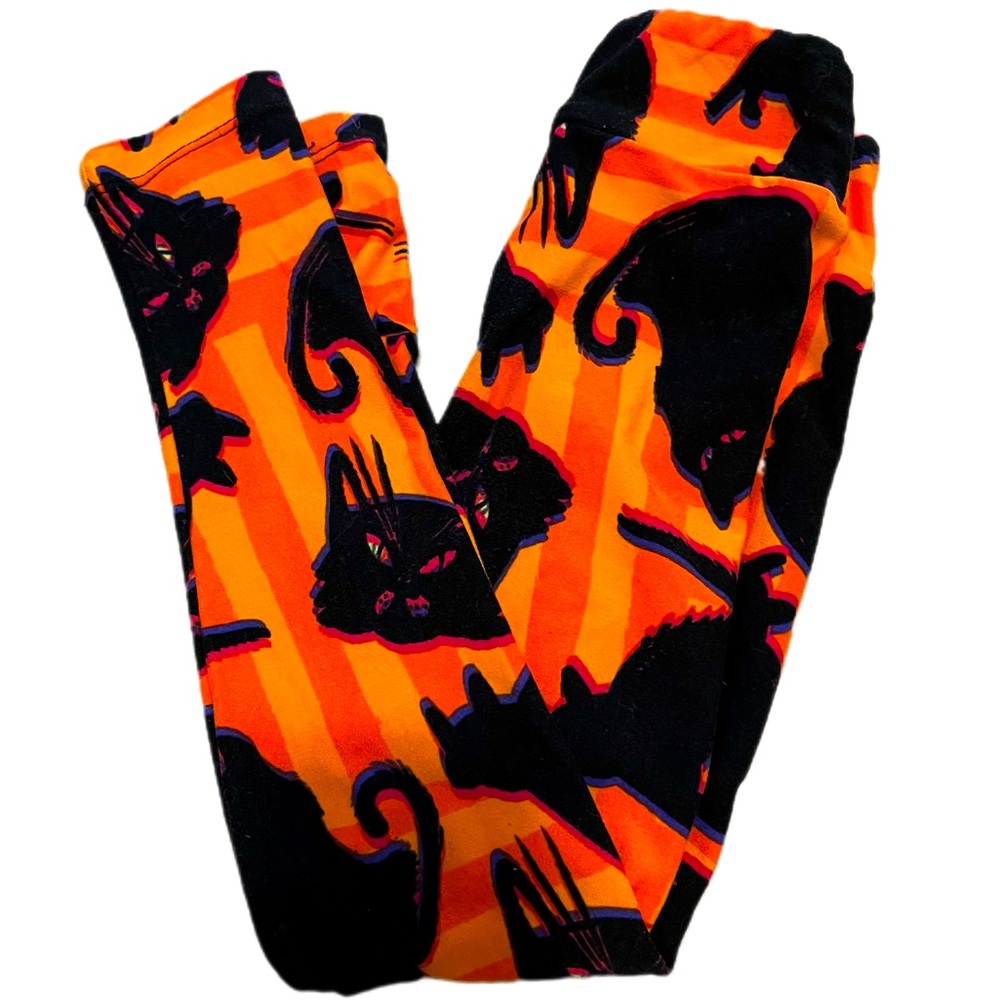 LuLaRoe Kids Halloween Black Cat Orange Leggings size S/M